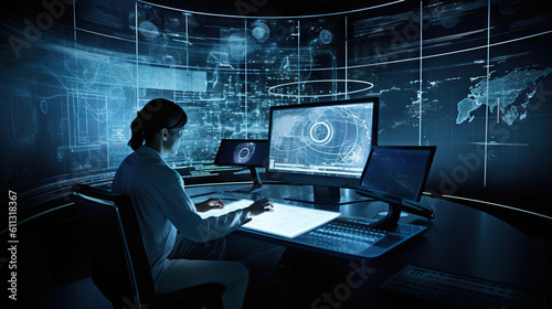 A Scientist Working in a Futuristic Laboratory Surrounded by Computer Screens Generative AI Photo