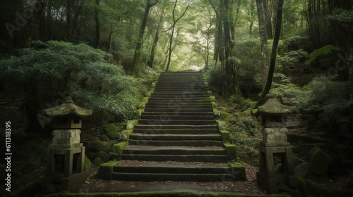 A Set of Stairs Leading Through a Lush Japanese Forest Generative AI Photo