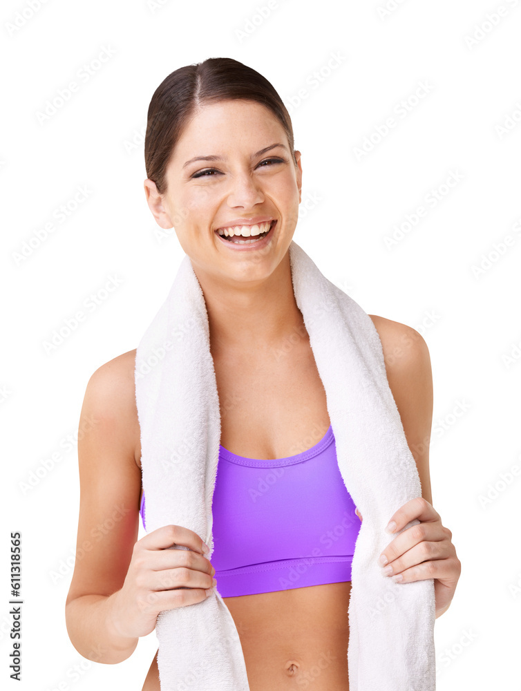 Smile, fitness and woman with a towel after exercise happy with wellness isolated in transparent or png background. Health, portrait and young person, model or athlete after workout or sport training Smile, fitness and woman with a towel after exercise happy with wellness isolated in transparent or png background. Health, portrait and young person, model or athlete after workout or sport training