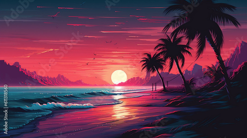 Retrowave Beach Landscape mit Palmen, Strand, Wellen, Sonne und Sonnenuntergang. Synthwave, Futuresynth, Outrun. Querformat. Generative Ai.
