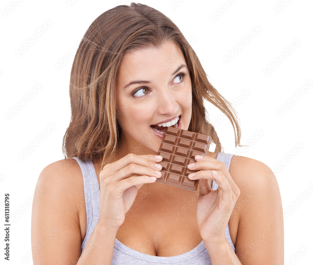 Isolated young woman, chocolate and think with diet, health and wellness by transparent png background. Girl, college student or model with sweets, hungry and eating for nutrition, food and candy Isolated young woman, chocolate and think with diet, health and wellness by transparent png background. Girl, college student or model with sweets, hungry and eating for nutrition, food and candy