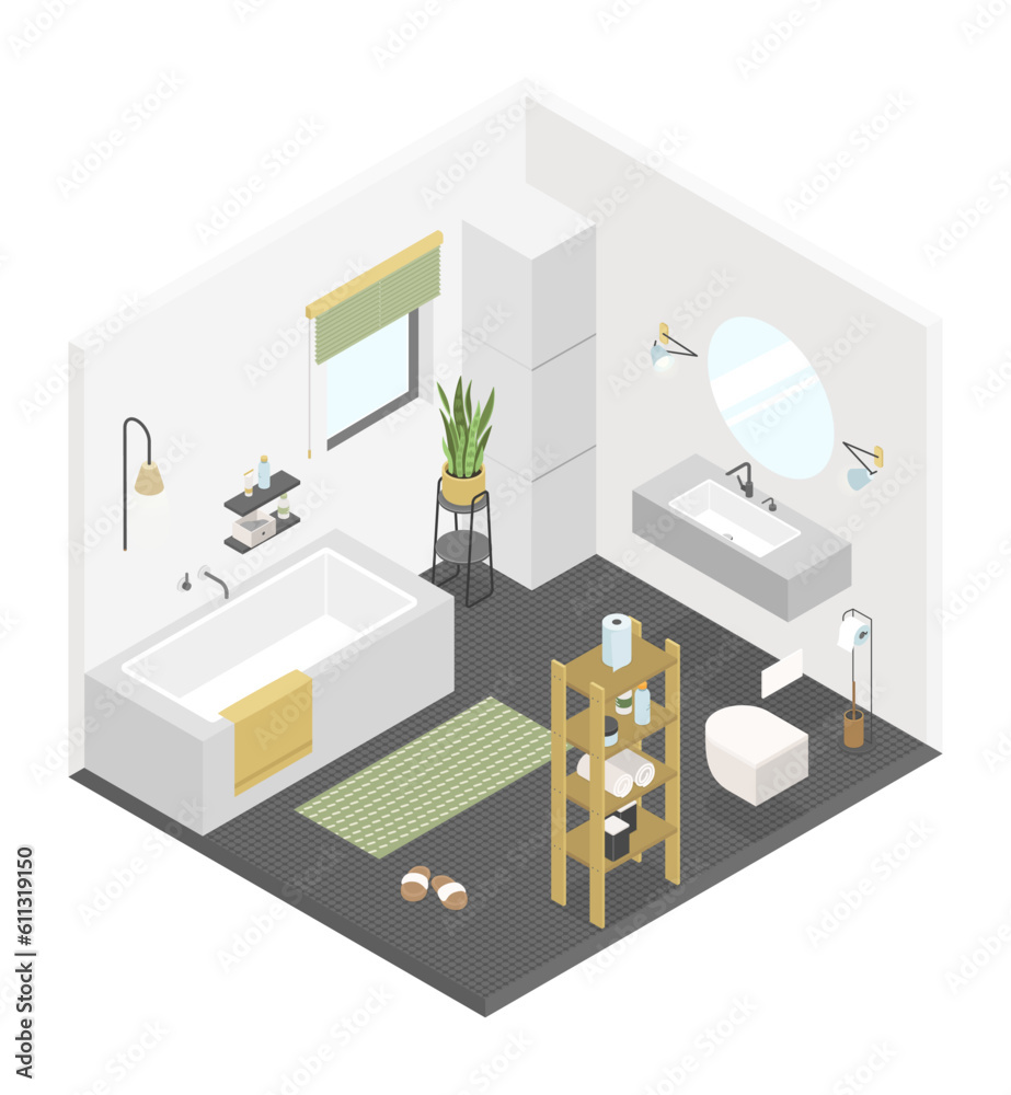 Black and white bathroom - modern vector colorful isometric illustration