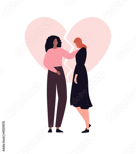 Soft skill for business concept collection. Vector flat character illustration. Emotional intelligence and psychology support. Woman embrace female. Broken heart symbol. Design for corporate training