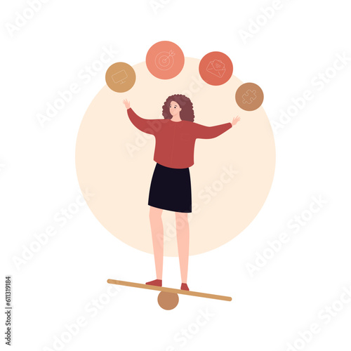 Soft skill for business concept collection. Vector flat character illustration. Adaptability and multitasking. Woman with skills icon balance on board. Design for corporate training, business