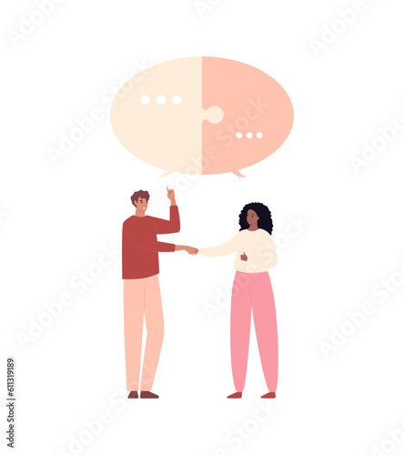 Soft skill for business concept collection. Vector flat character illustration. Teamwork and diversity. Man and african woman handshake. Puzzle dialog symbol. Design for corporate training, business
