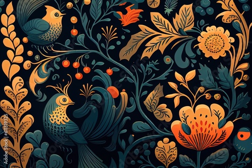 A Stylised Illustration of Birds in Foliage Nature in a Wallpaper Style on a Dark Background Pattern