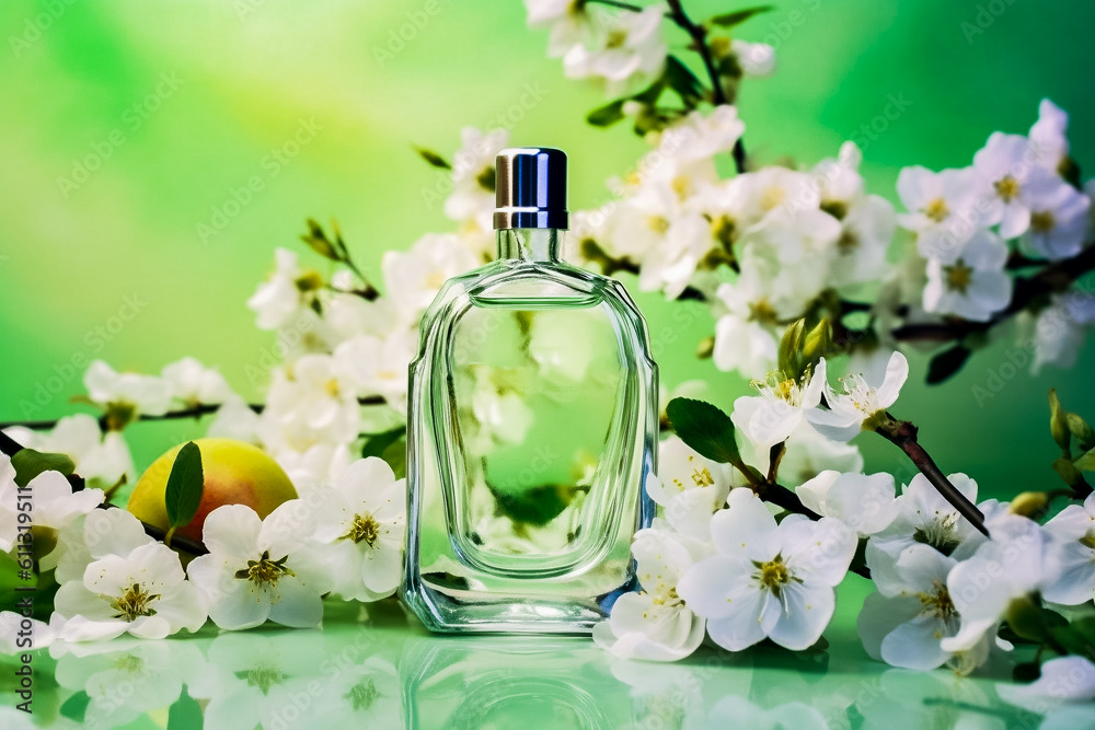 Présentation d'un flacon, bouteille de lotion, parfum - Produit cosmétique avec fleurs - Générative IA