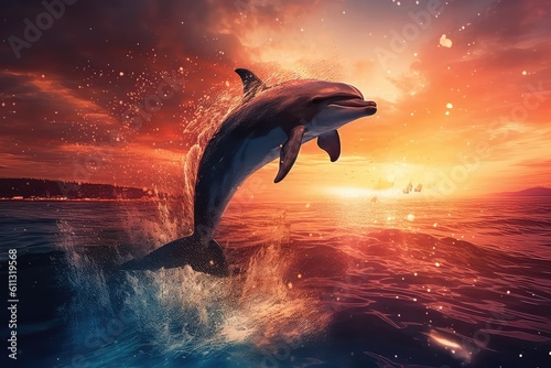Dolphin jumps out of the water double exposure illustration - Generative AI. © Mariia