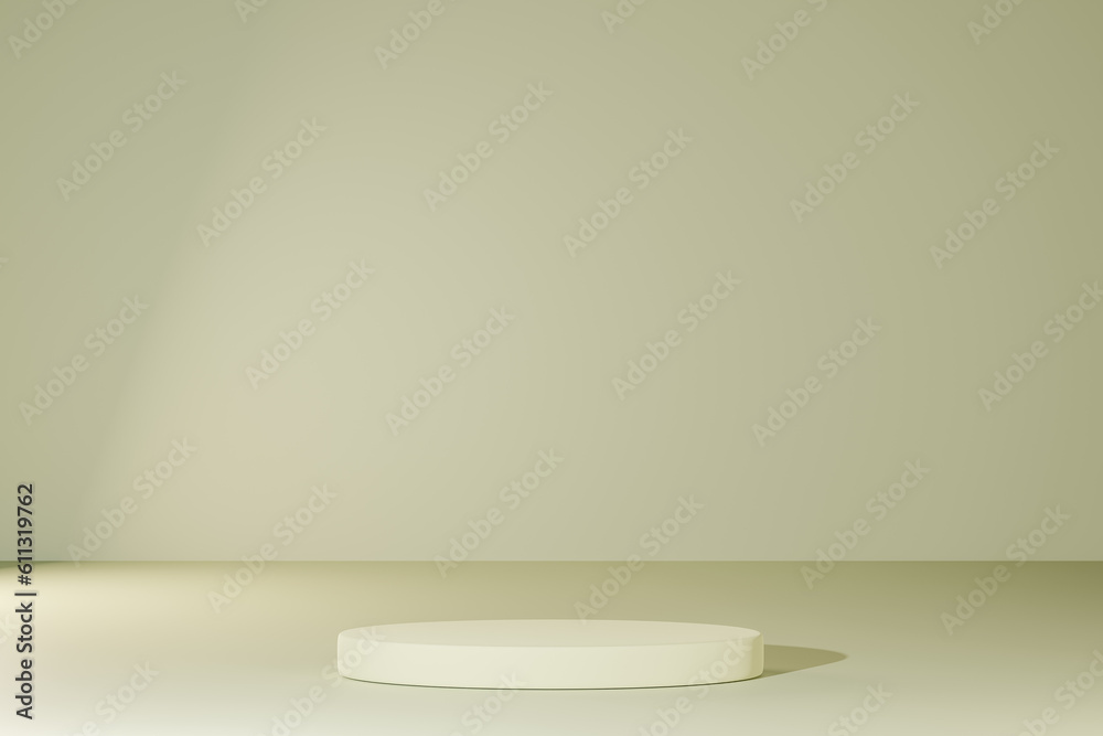 Product placement on green wall with natural shadow background. Boho home room for product platform stage mockup. Studio stage scene display. Soft and creamy pastel aesthetic. 3d illustration