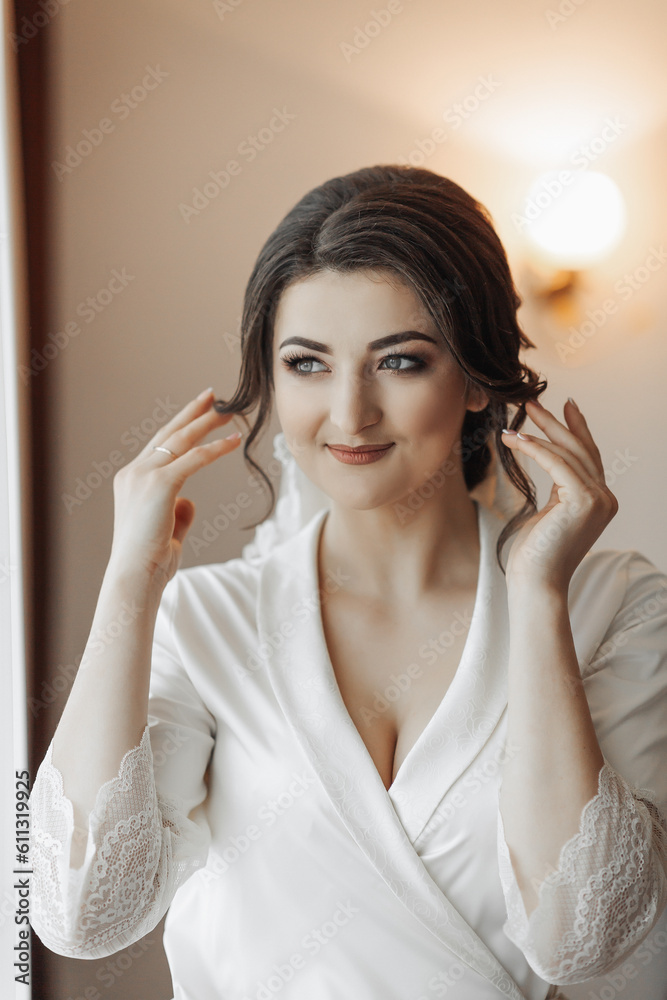 Portrait of a brunette bride touching her face. Gorgeous make-up and hair. Voluminous veil. Wedding photo. Beautiful bride Portrait of a brunette bride touching her face. Gorgeous make-up and hair. Voluminous veil. Wedding photo. Beautiful bride