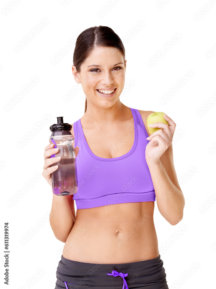 Happy woman, portrait and water with apple for diet isolated on a transparent PNG background. Face of female person or young model smile in fitness with fruit for healthy nutrition and sustainability Happy woman, portrait and water with apple for diet isolated on a transparent PNG background. Face of female person or young model smile in fitness with fruit for healthy nutrition and sustainability