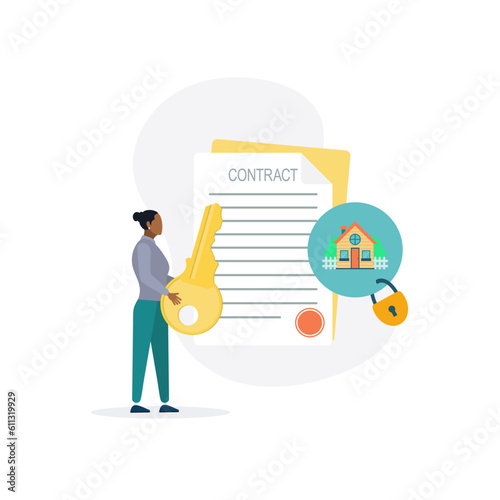 Beautiful home with mortgage application form, loan form. house contract in real estate agent concept. Girl with a house key. Vector illustration.
