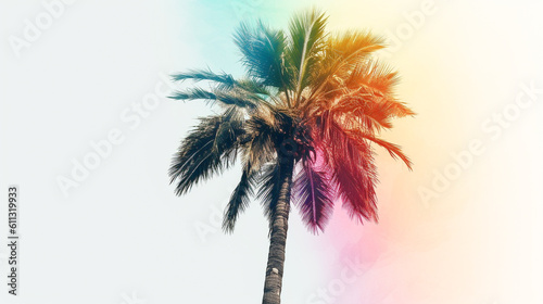 Single palm tree on white background with rainbow color splash © Caseyjadew