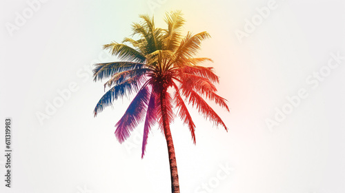 Single palm tree on white background with rainbow color splash