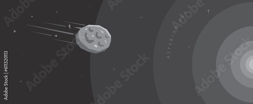 Asteroid obrbiting sun, flying through space. Universe.