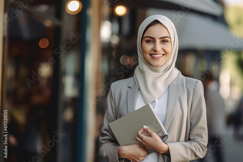 A woman of Turkish appearance in a light - colored business suit, smiling, holding a folder in her hands. Image ai generate. Generative AI