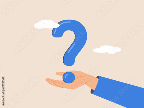 Difficult question concept. Big question mark or big problem to solve or finding solution, doubt or uncertainty, thinking to make decision, businessman holds up big question mark.