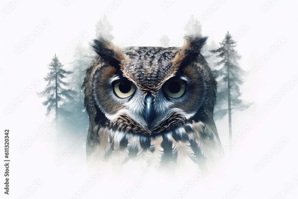 Owl in the trees double exposure illustration - Generative AI.