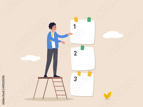 Task management concept. Set work priority, arrange to do list which job to do before and after, young entrepreneur businessman manage to prioritize sticky note with number first, second and third.