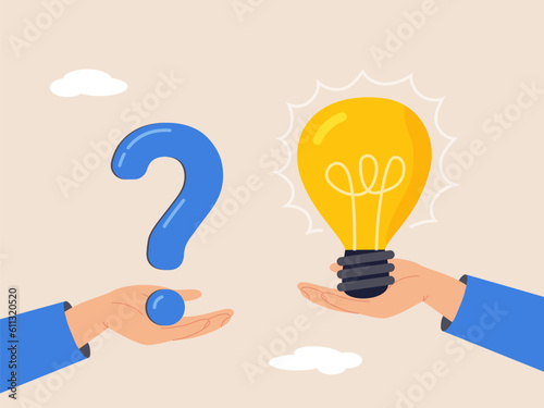 FAQ concept. Question and answer, solving problem or business solution, ask for reply or idea to solve difficulty and trouble, businessman hand holding question mark with other reply with lightbulb.