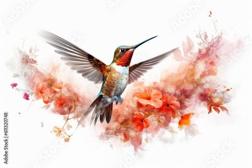 Hummingbird in flowers double exposure illustration - Generative AI.