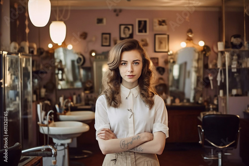 Female hairdresser standing in salon. Image ai generate. Generative AI