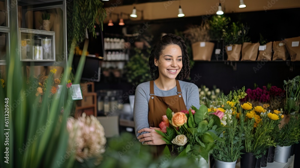 Happy florist selling plants and flower to client. Image ai generate. Generative AI Happy florist selling plants and flower to client. Image ai generate. Generative AI