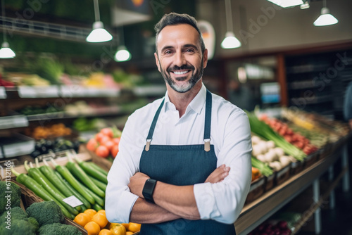 Fototapeta HR post with happy attractive male grocery store manager holding a paper