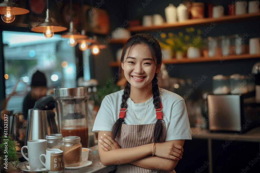 pretty asian waitress in apron standing at table in coffee shop and giving coffee cup to client. Image ai generate. Generative AI pretty asian waitress in apron standing at table in coffee shop and giving coffee cup to client. Image ai generate. Generative AI