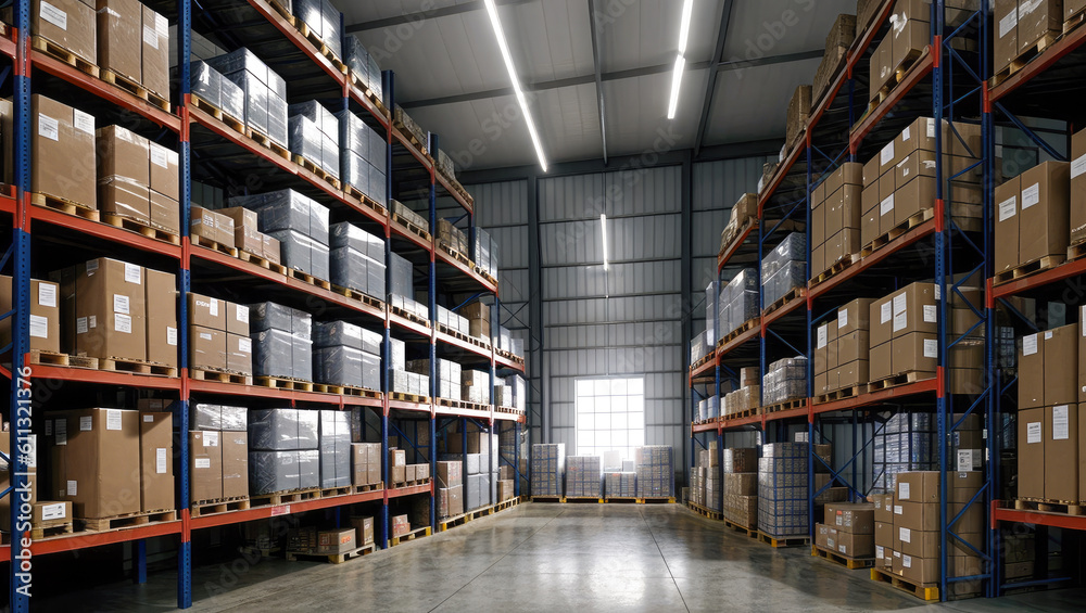 warehouse space. warehouse interior with shelves, pallets and boxes. Big distribution warehouse. Generative AI