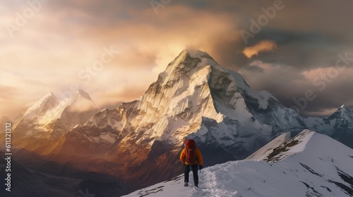 A man hiking on a snowy ridge at sunset, Generative AI