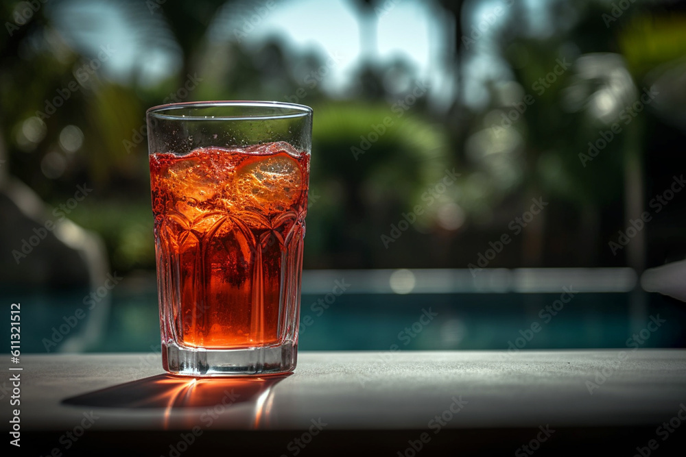 A glass of green summer refreshing lemonade drink or alcoholic cocktail with ice and citrus slices in the garden. Fresh healthy cold orange beverage. Water with lemon. AI generated A glass of green summer refreshing lemonade drink or alcoholic cocktail with ice and citrus slices in the garden. Fresh healthy cold orange beverage. Water with lemon. AI generated