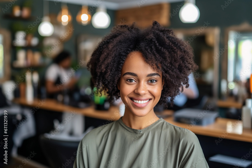 Fototapeta premium Positive young black hairdresser enjoying. Image ai generate. Generative AI