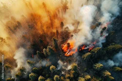 hot fire in the forest ecological problems view from above generative ai