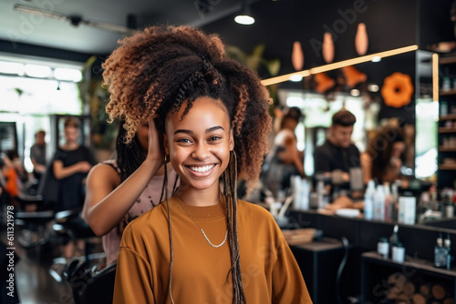 Fotobehang Positive young black hairdresser enjoying. Generative AI