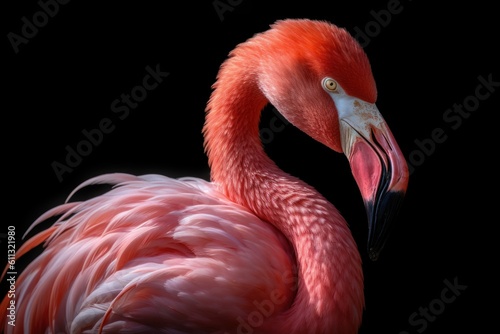 pink flamingo in profile on black background whit space for text copy space generative ai