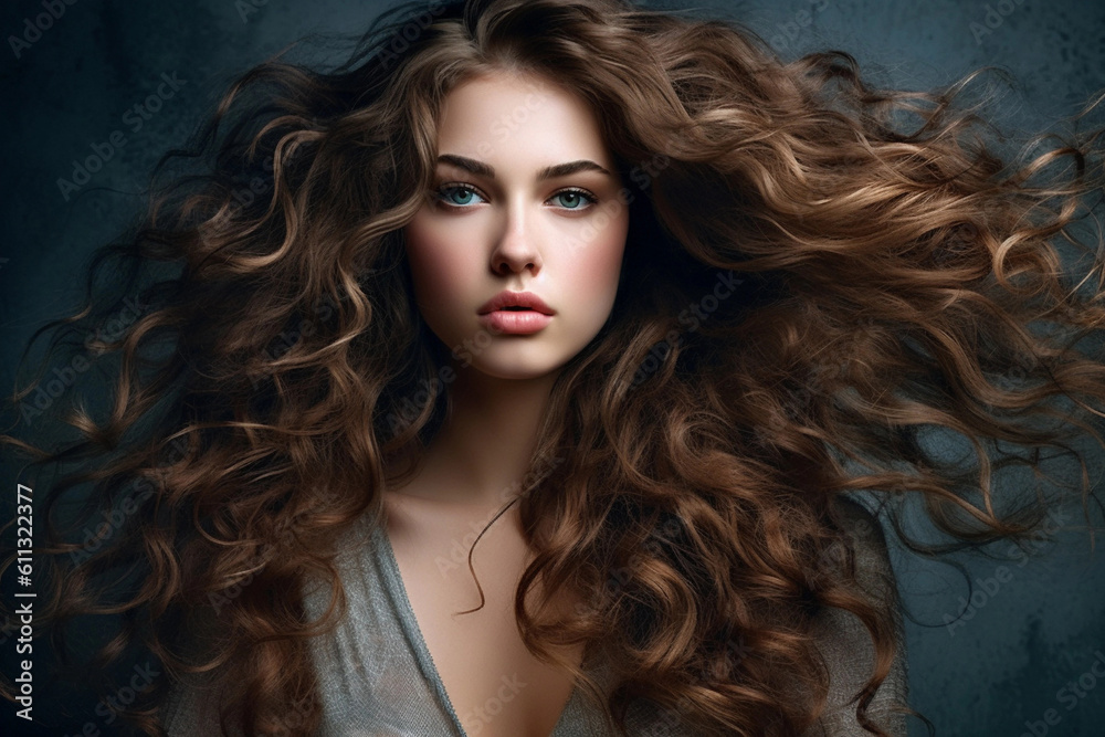 Beautiful model girl with long wavy and shiny hair. Brunette woman with curly hairstyle. Generative AI Beautiful model girl with long wavy and shiny hair. Brunette woman with curly hairstyle. Generative AI