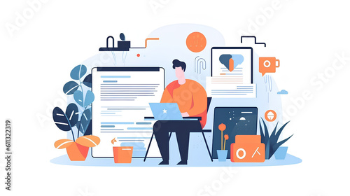 ビジネス, ビジネスイラスト, ブログ, イラスト、おしゃれ、プレゼン、パソコン、ブログを書く人