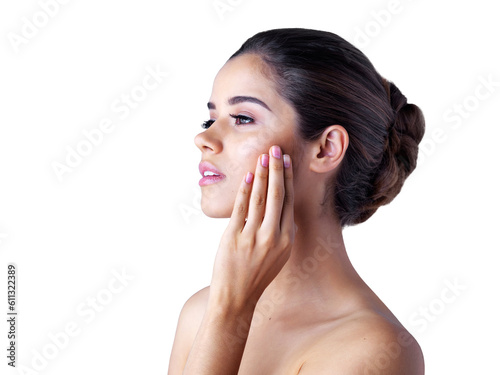 Beauty  skin and woman with cosmetic skincare morning routine isolated in a transparent or png background. Wellness  self care and young person or model thinking with clean face due to dermatology