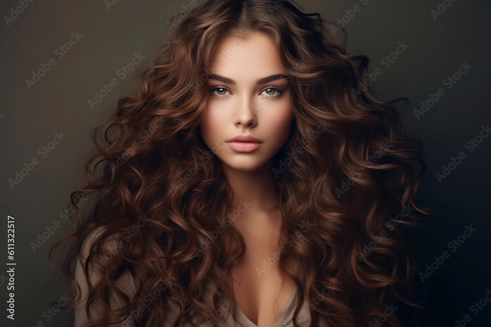 Beautiful model girl with long wavy and shiny hair. Brunette woman with curly hairstyle. Generative AI Beautiful model girl with long wavy and shiny hair. Brunette woman with curly hairstyle. Generative AI