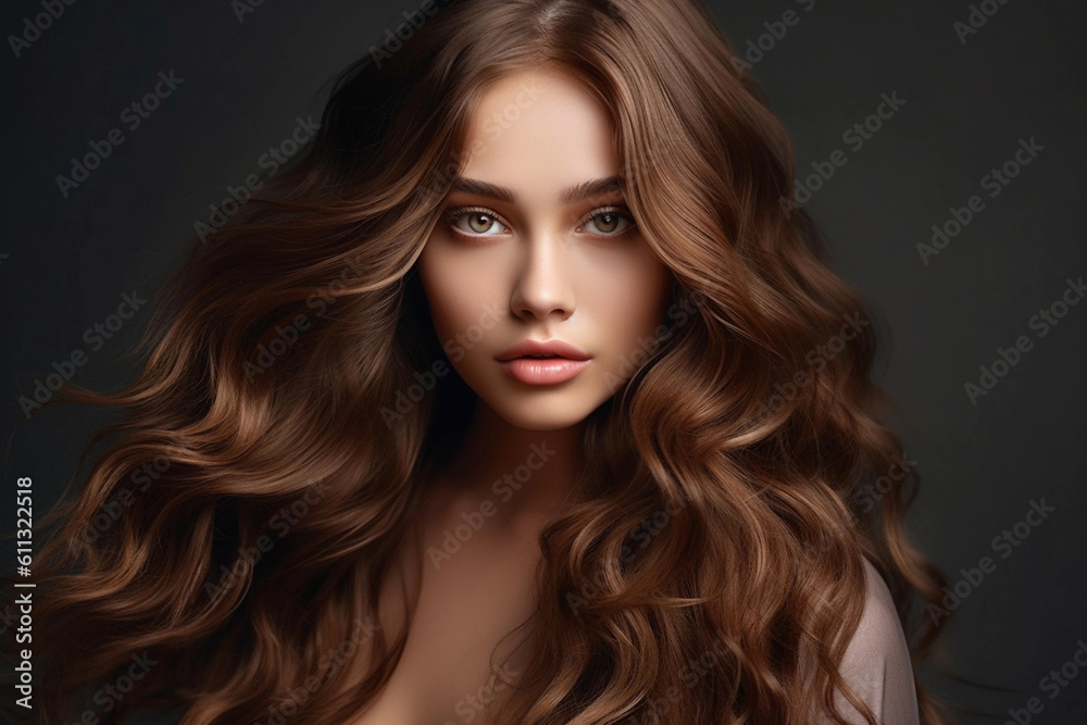 Beautiful model girl with long wavy and shiny hair. Brunette woman with curly hairstyle. Generative AI