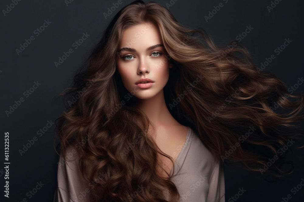 Beautiful model girl with long wavy and shiny hair. Brunette woman with curly hairstyle. Generative AI Beautiful model girl with long wavy and shiny hair. Brunette woman with curly hairstyle. Generative AI