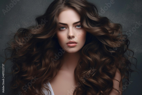 Beautiful model girl with long wavy and shiny hair. Brunette woman with curly hairstyle. Generative AI