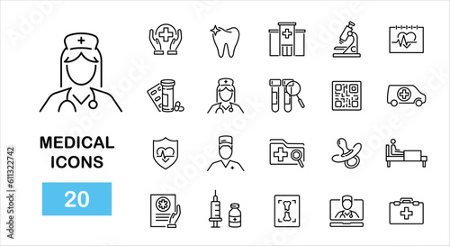 Medical icons set. Medicine and health care icons such as nurse , microscope, insurance, qr code for mobile and web apps. Vector illustration