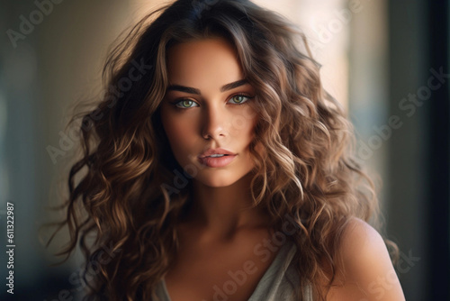 Beautiful model girl with long wavy and shiny hair. Brunette woman with curly hairstyle. Generative AI