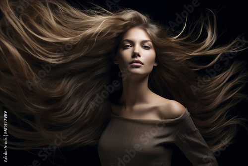 Woman with beautiful long hair. Generative AI © Creative Clicks