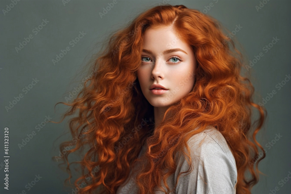 Beautiful model girl with long red curly hair. Red head. Care and beauty hair products. Generative AI