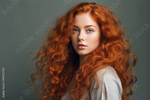 Beautiful model girl with long red curly hair. Red head. Care and beauty hair products. Generative AI