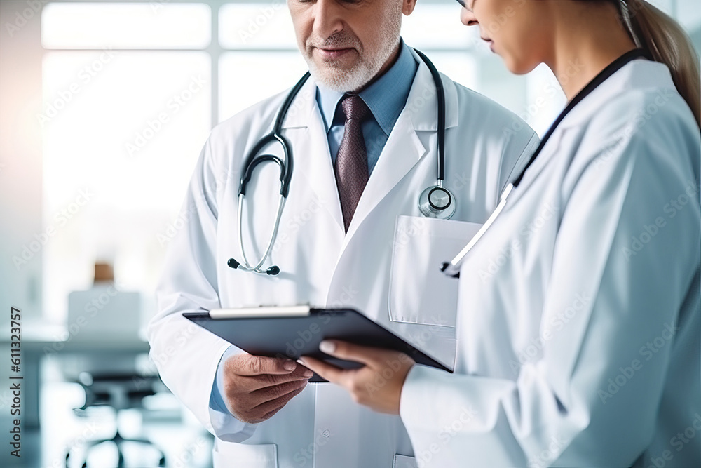 Couple of doctors consulting a medical report. Generative AI Couple of doctors consulting a medical report. Generative AI