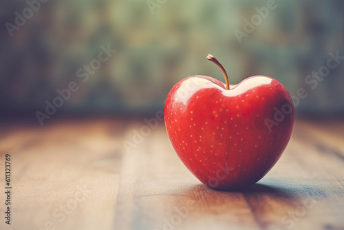 A red apple heart shaped sitting on top of a wooden table. Generative AI photo